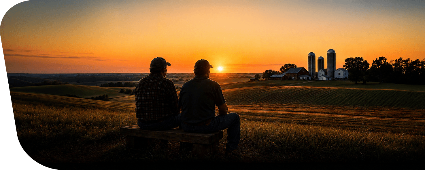 Father and son watch sunset over their farm